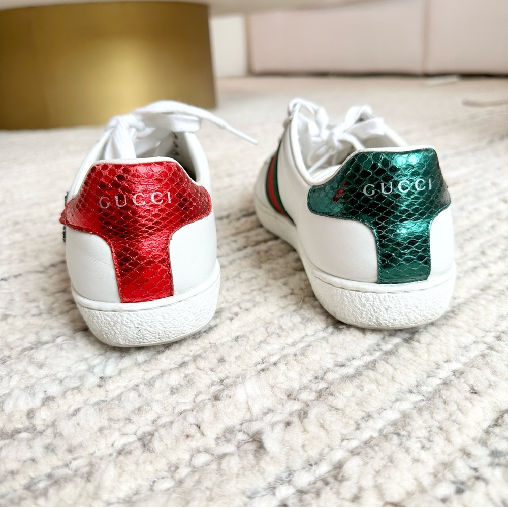 Gucci White Leather Ace Sneakers with Green and Red Web and Embellished Bee - Picture 5 of 8